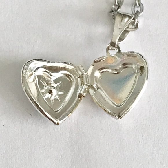 Vintage Silver Heart Locket Necklace Dainty Small Charm 18" Plated Red Stone - Picture 7 of 10